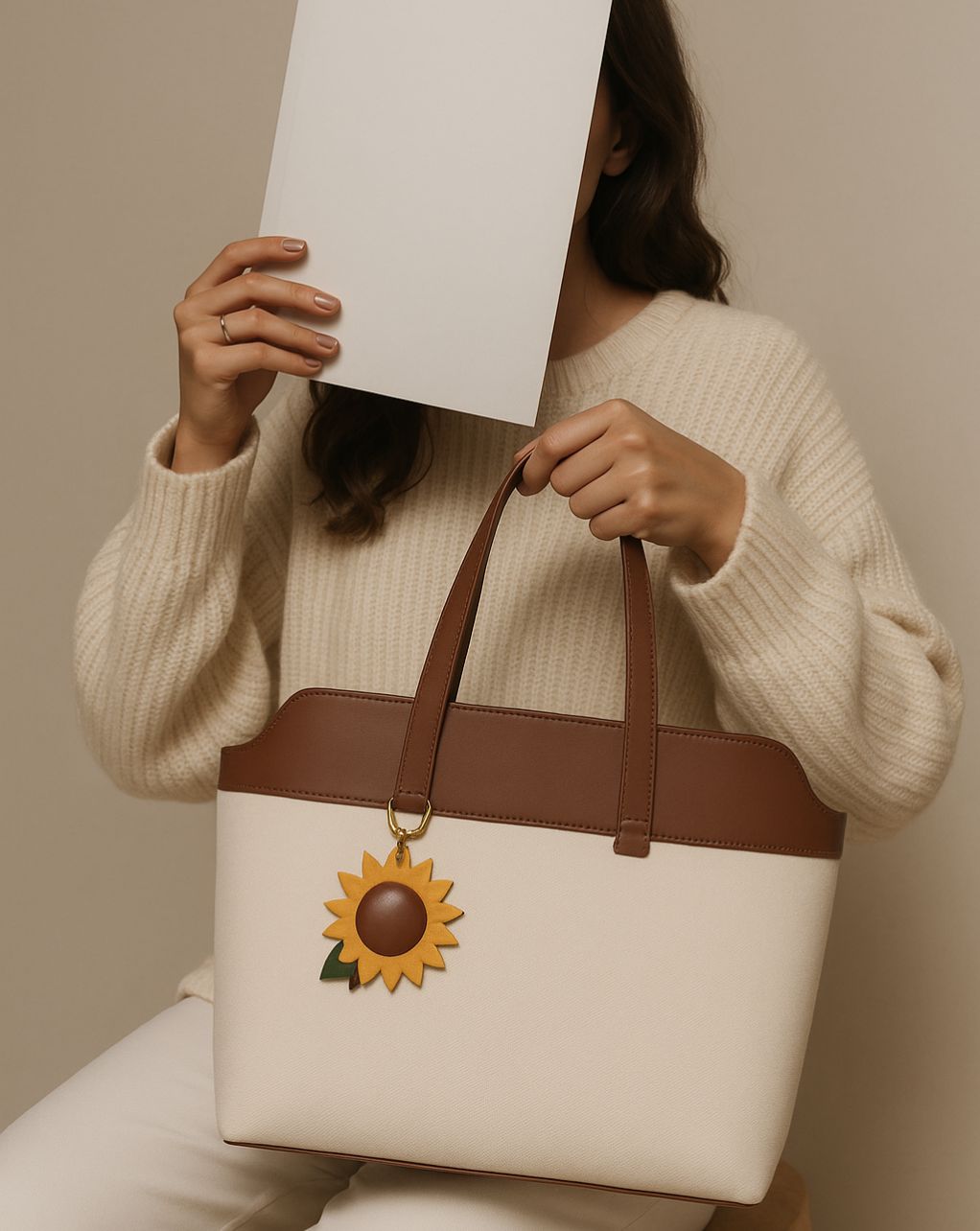 THE DAISY TOTE BAG | BEIGE & BLACK | MEDIUM