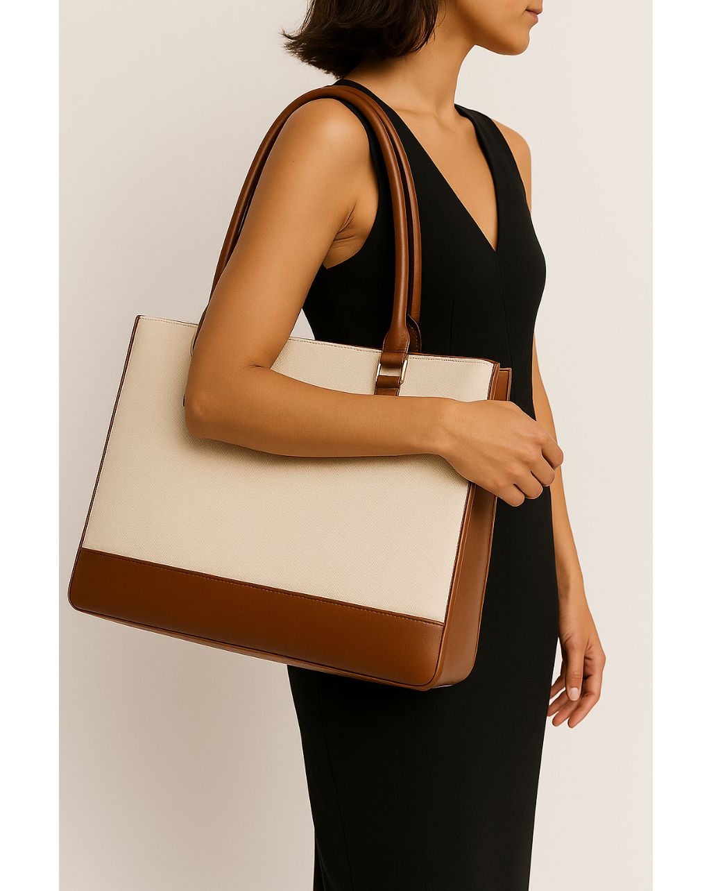 RACHEL TOTE BAG | BROWN & OFF WHITE | LARGE