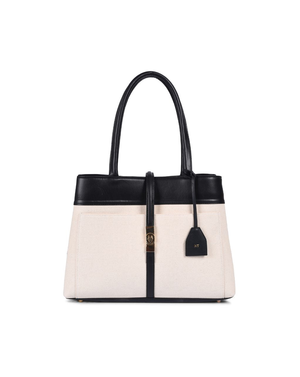 Mindy Medium Tote Bag in Black and Beige with personalised name tag