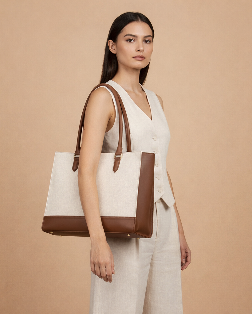 RACHEL TOTE BAG | BROWN AND OFF WHITE | MEDIUM