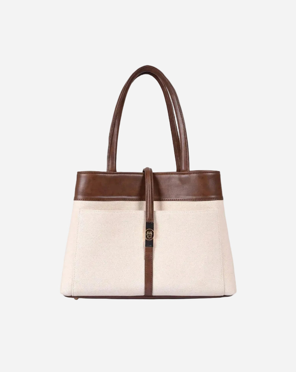 Mindy Tote with brown top section and beige bottom section on a white background
