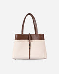 Mindy Tote with brown top section and beige bottom section on a white background