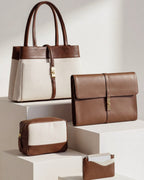 Set of brown and beige handbag with pouch, sleeve and a card holder on a light gray background